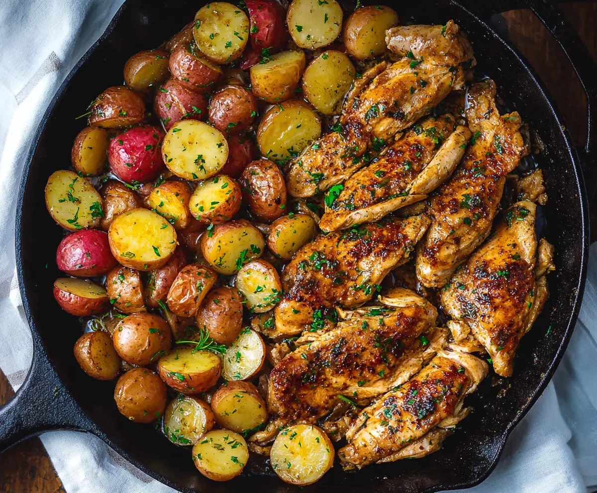 Delicious garlic butter chicken and roasted potatoes skillet served on a plate with fresh herbs.