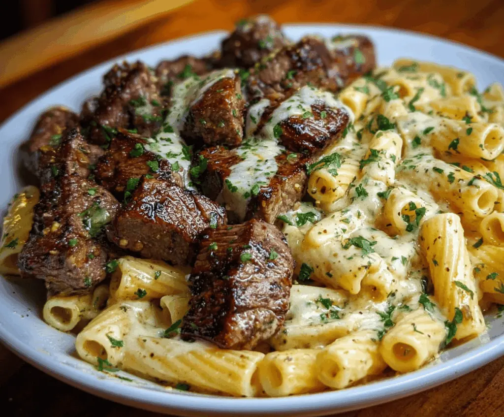Juicy garlic butter steak tips served alongside cheesy rigatoni pasta for a hearty meal.