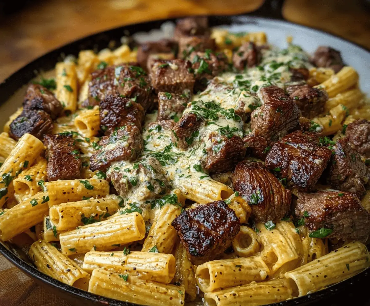 Garlic Butter Steak Tips & Cheesy Rigatoni