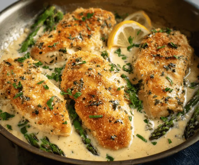 Juicy garlic Parmesan chicken breast garnished with fresh herbs on a plate.
