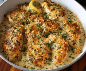 Savory Garlic Parmesan Chicken Bake served with fresh herbs and a golden crust.