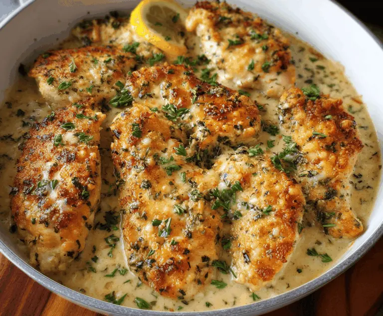 Savory Garlic Parmesan Chicken Bake served with fresh herbs and a golden crust.