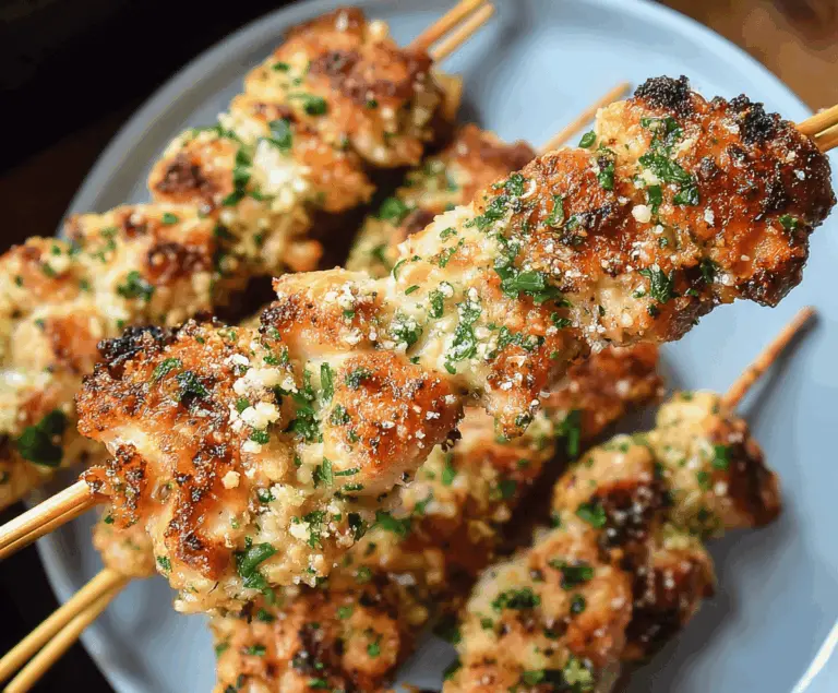 Juicy garlic Parmesan chicken skewers grilled to perfection with golden crust and fresh herbs.