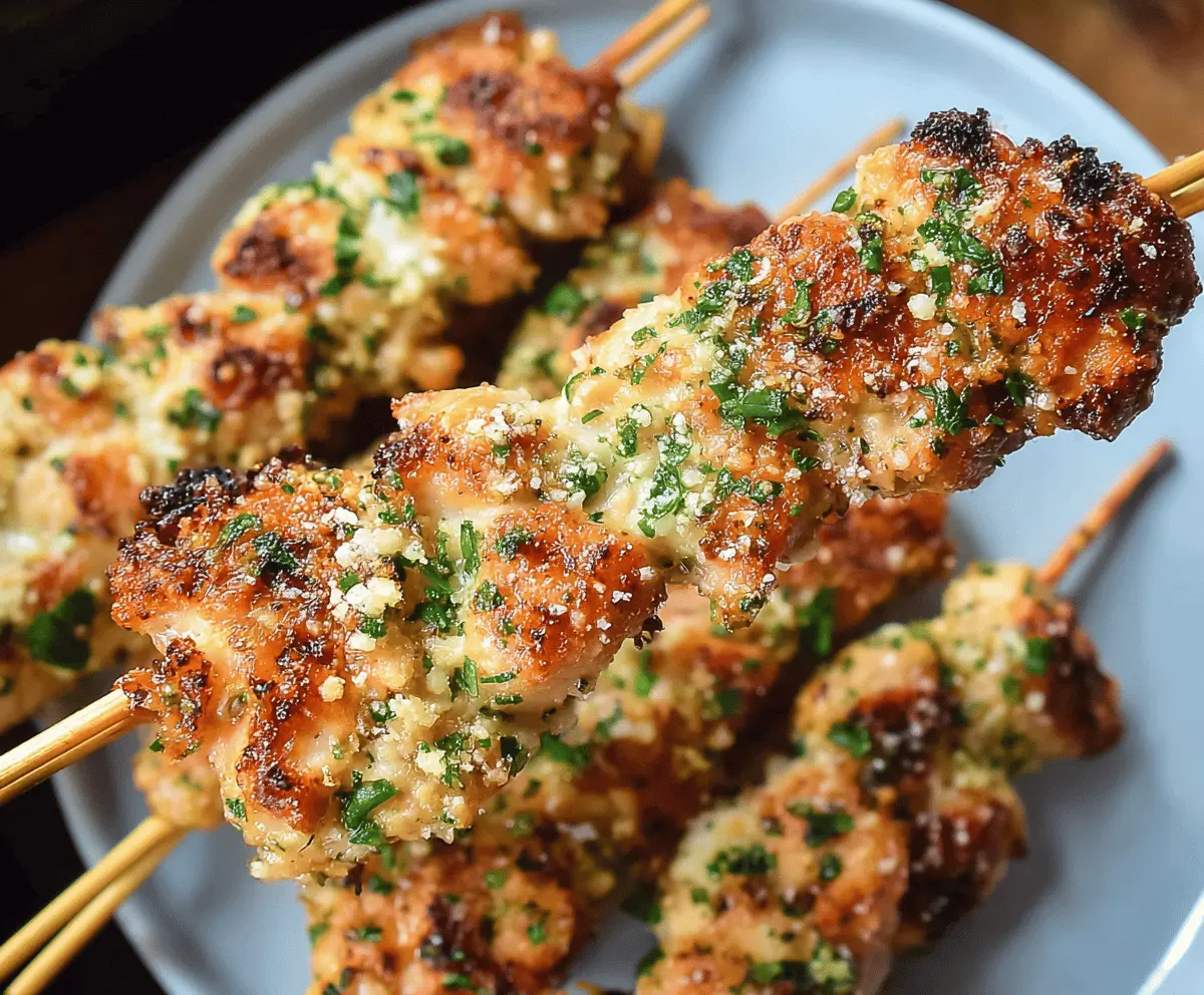 Juicy garlic Parmesan chicken skewers grilled to perfection with golden crust and fresh herbs.