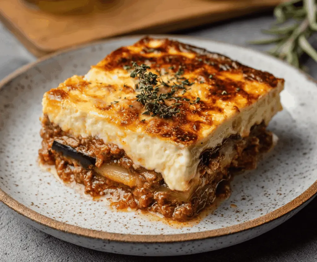 Delicious Greek Moussaka with layers of eggplant, minced meat, and creamy béchamel sauce served on a rustic plate.