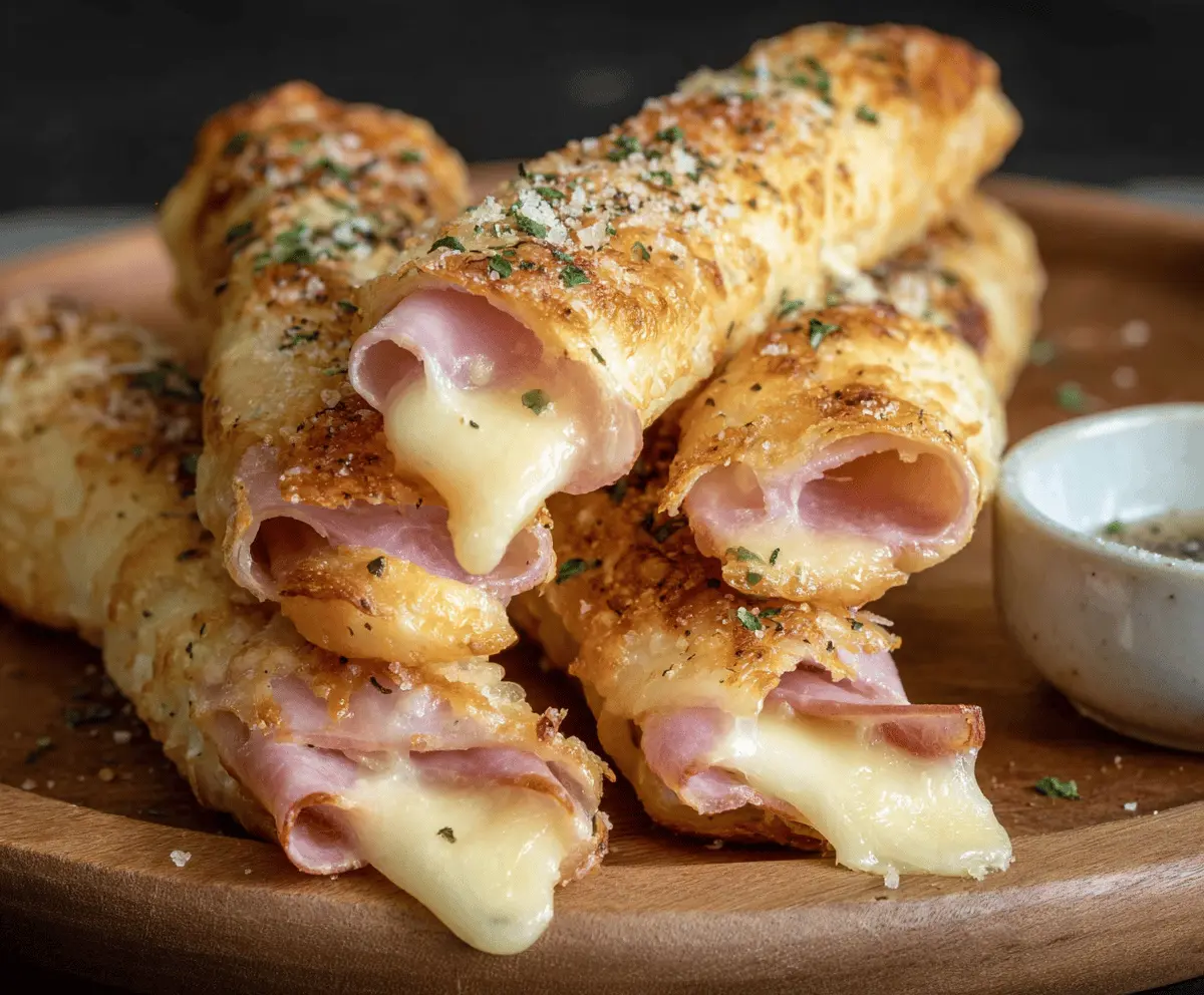 Delicious ham and cheese sticks with golden crispy crust and melty cheese inside.