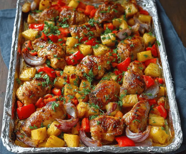 Delicious Hawaiian Chicken Sheet Pan with grilled chicken, pineapple chunks, bell peppers, and Hawaiian seasoning on a baking tray.