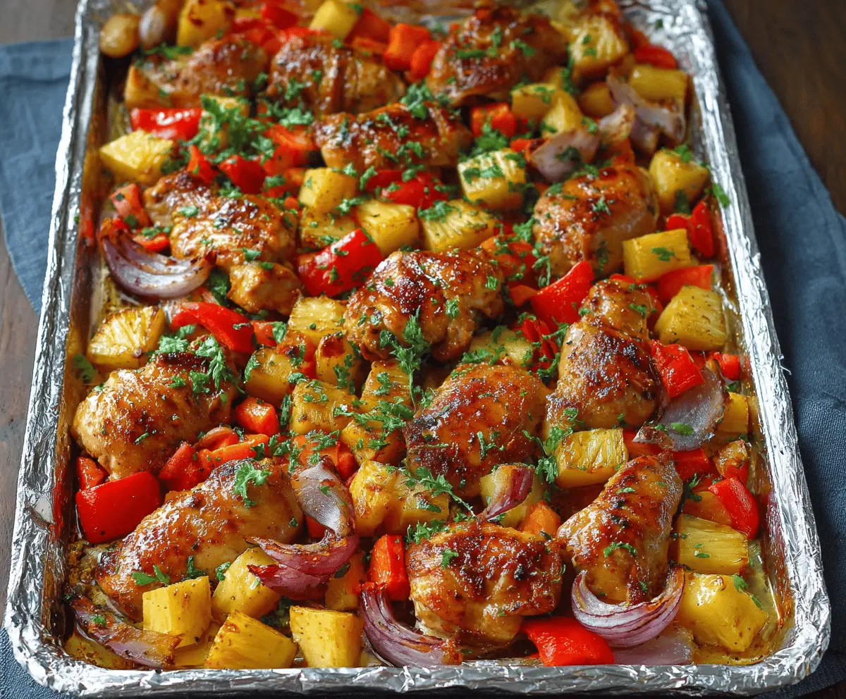 Delicious Hawaiian Chicken Sheet Pan with grilled chicken, pineapple chunks, bell peppers, and Hawaiian seasoning on a baking tray.