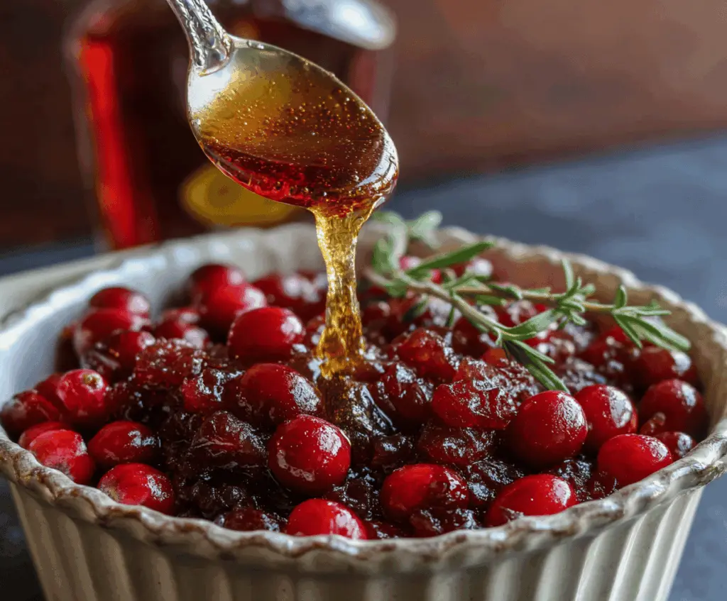 Sweet and tangy Honey Bourbon Cranberry Sauce served with holiday dishes.