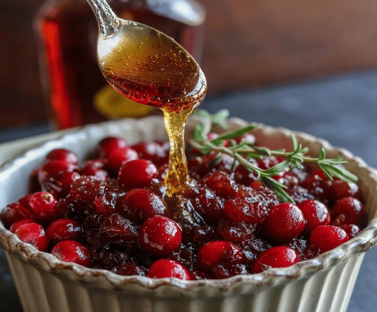Sweet and tangy Honey Bourbon Cranberry Sauce served with holiday dishes.