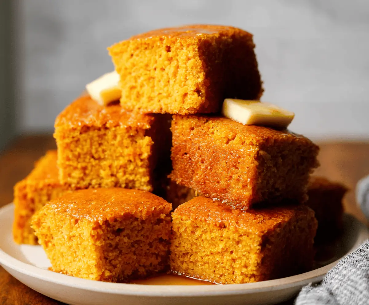 Delicious honey butter sweet potato cornbread served hot on a rustic plate.