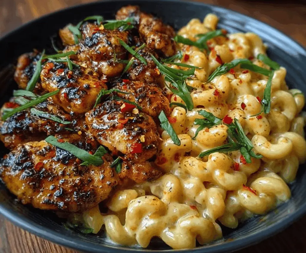 Delicious Honey Pepper Chicken served with creamy macaroni cheese on a plate.