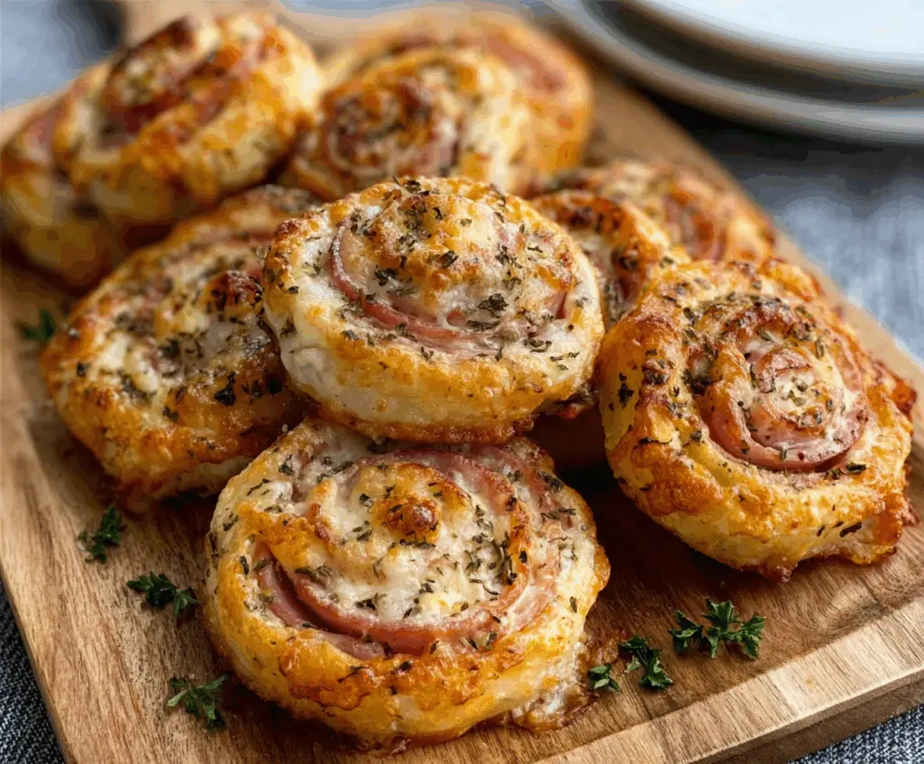 Delicious hot ham and cheese pinwheels freshly baked and ready to serve as a savory snack or appetizer