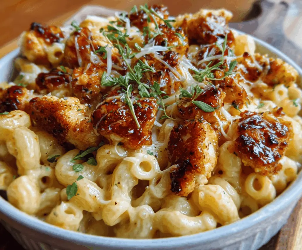 Creamy mac and cheese topped with hot honey glazed chicken bites, perfect for a flavorful comfort meal.