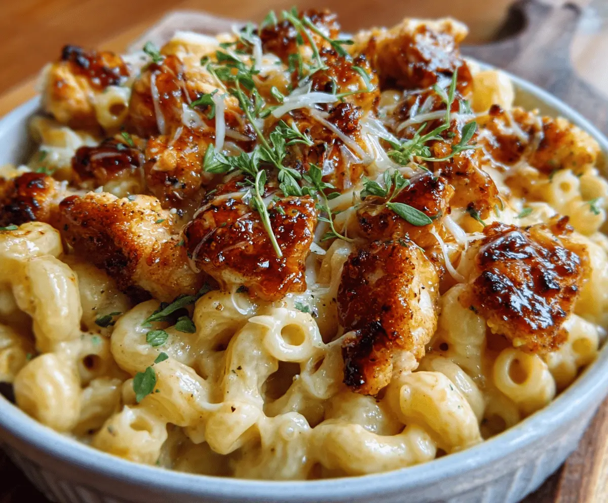 Creamy mac and cheese topped with hot honey glazed chicken bites, perfect for a flavorful comfort meal.