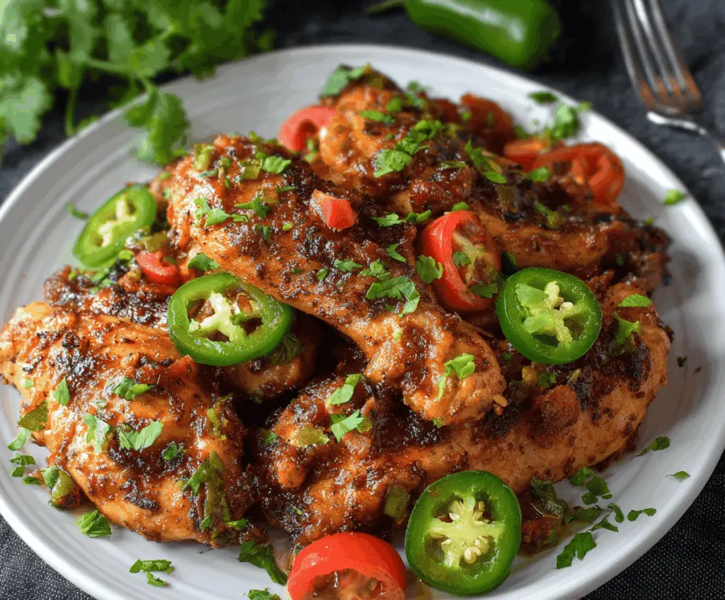 Spicy jalapeno chicken with melted cheese and fresh herbs on a rustic plate