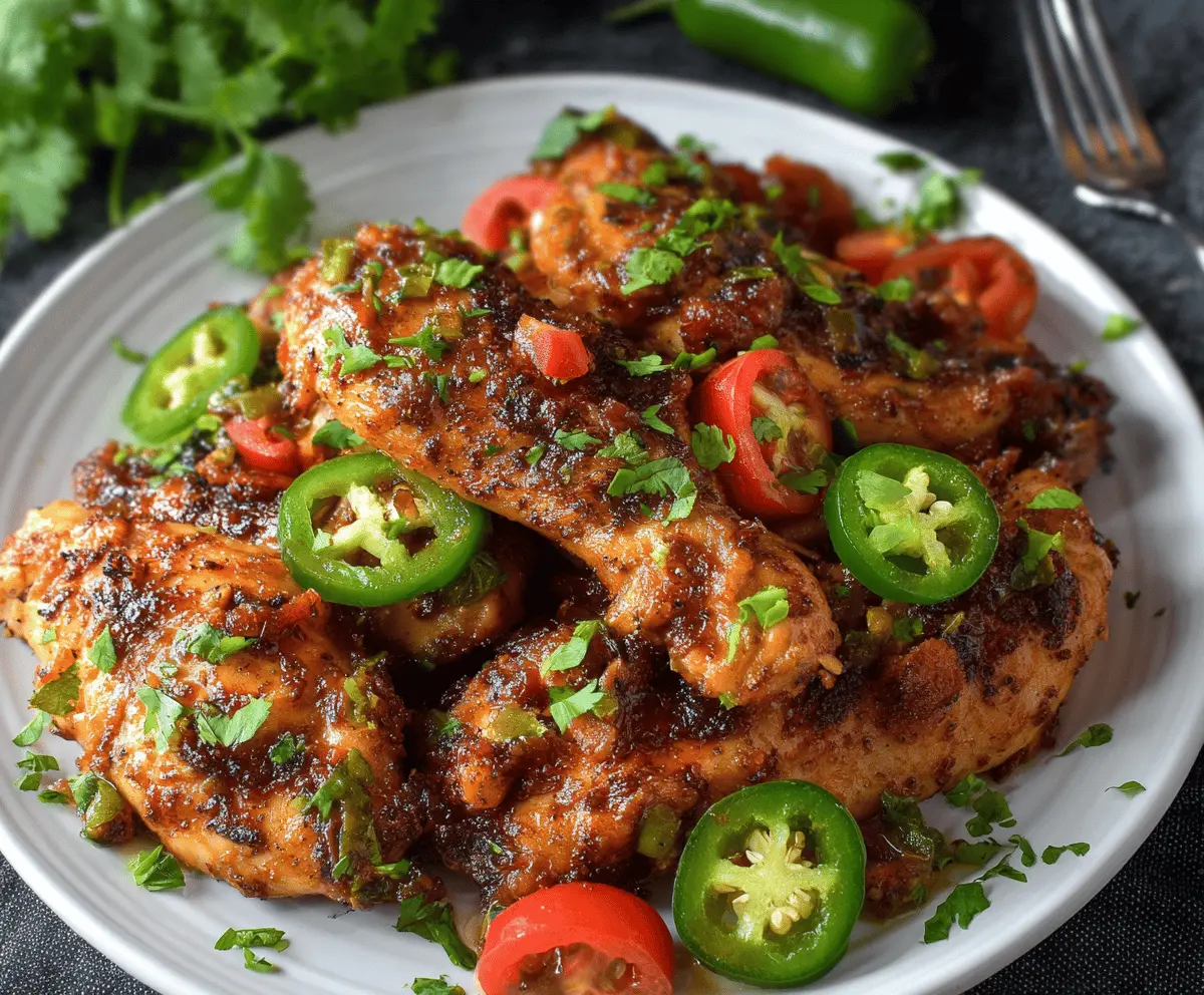 Spicy jalapeno chicken with melted cheese and fresh herbs on a rustic plate