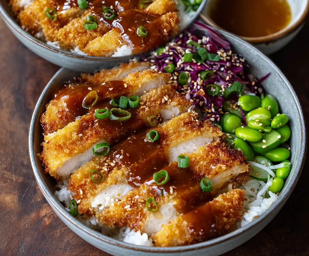 Delicious Japanese Katsu Bowl topped with crispy breaded pork cutlet and savory Tonkatsu sauce.