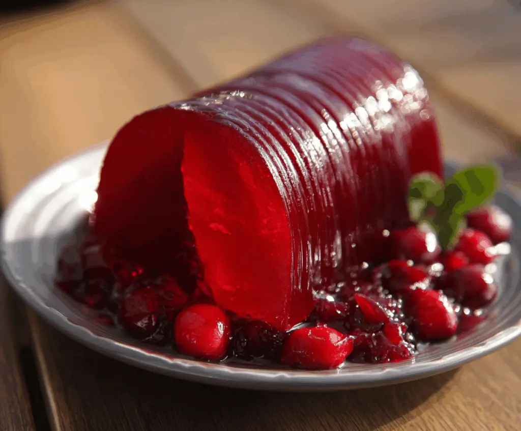 Homemade jellied cranberry sauce served in a clear glass dish, perfect for holiday dinners.