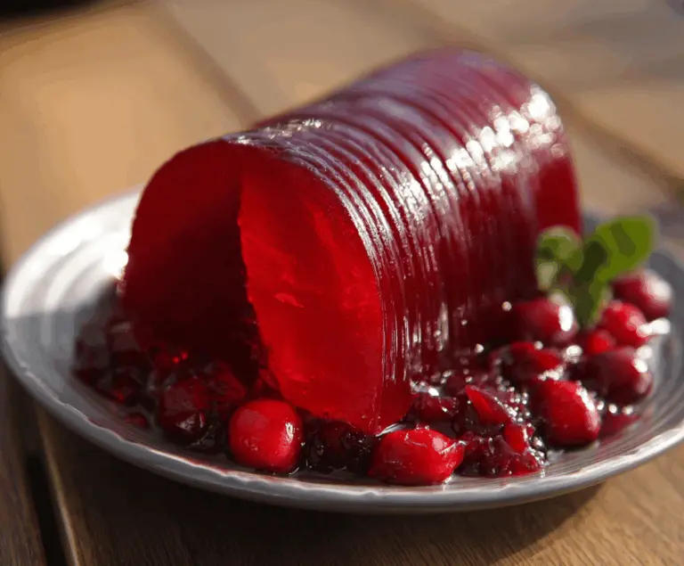 Homemade jellied cranberry sauce served in a clear glass dish, perfect for holiday dinners.
