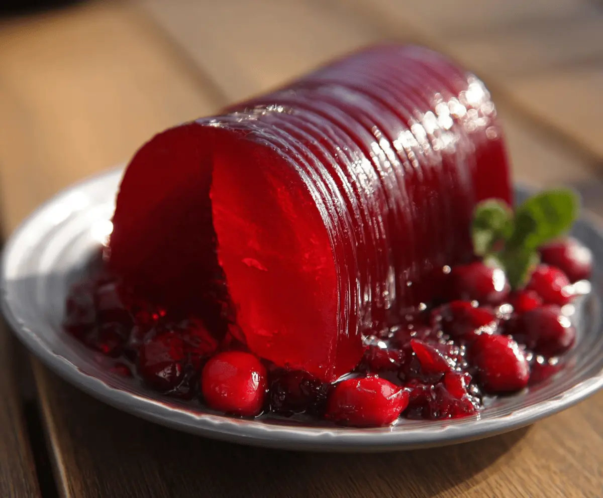 Homemade jellied cranberry sauce served in a clear glass dish, perfect for holiday dinners.