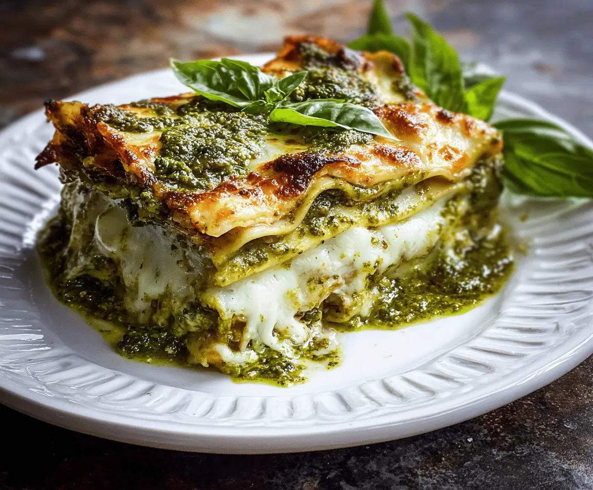 Delicious homemade lasagna al pesto with layers of pasta, basil pesto, and melted cheese.