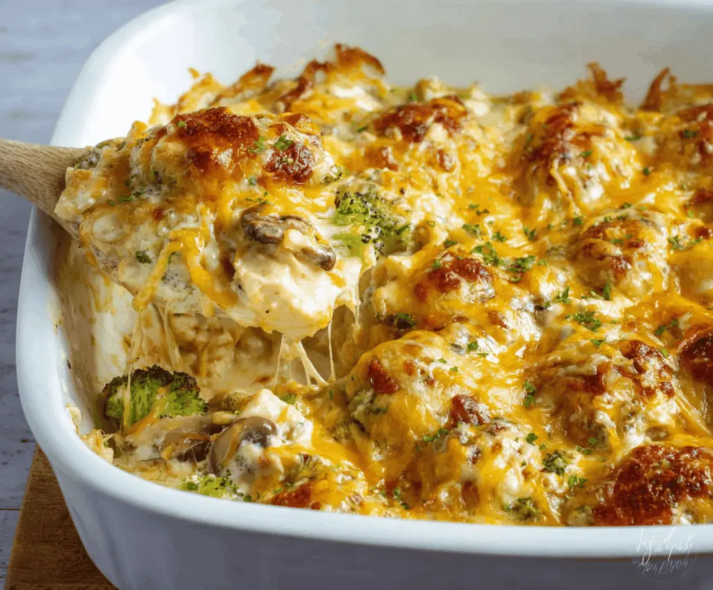 Delicious low carb chicken casserole with cheese and vegetables served hot.
