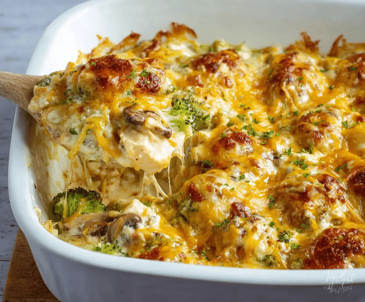 Delicious low carb chicken casserole with cheese and vegetables served hot.