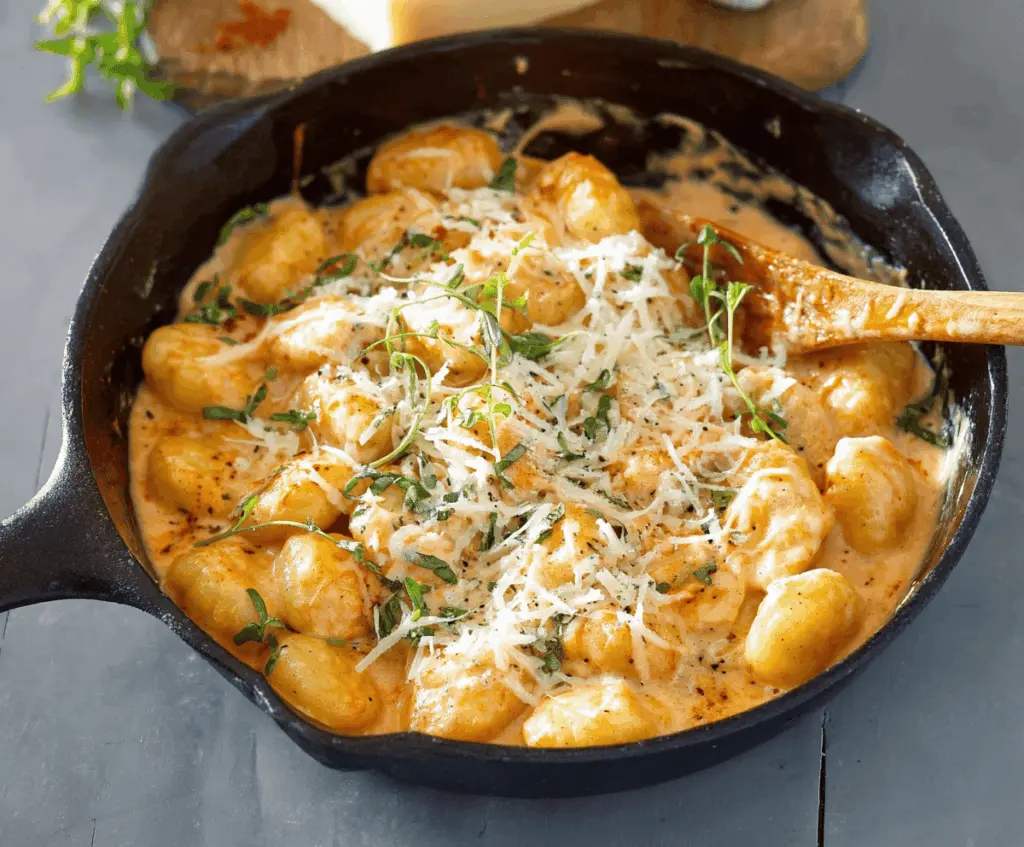 Creamy millionaire gnocchi topped with herbs served on a white plate, showcasing a rich and indulgent Italian dish.