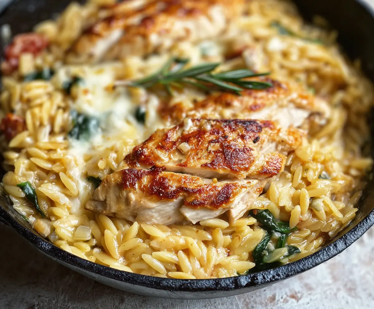 Delicious Monterey Chicken Orzo served on a plate, featuring grilled chicken, creamy orzo pasta, and fresh vegetables.