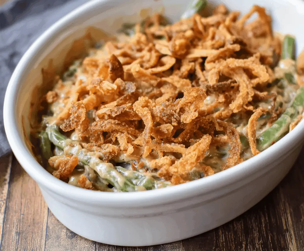 Delicious homemade Campbell's green bean casserole with crispy topping in a serving dish