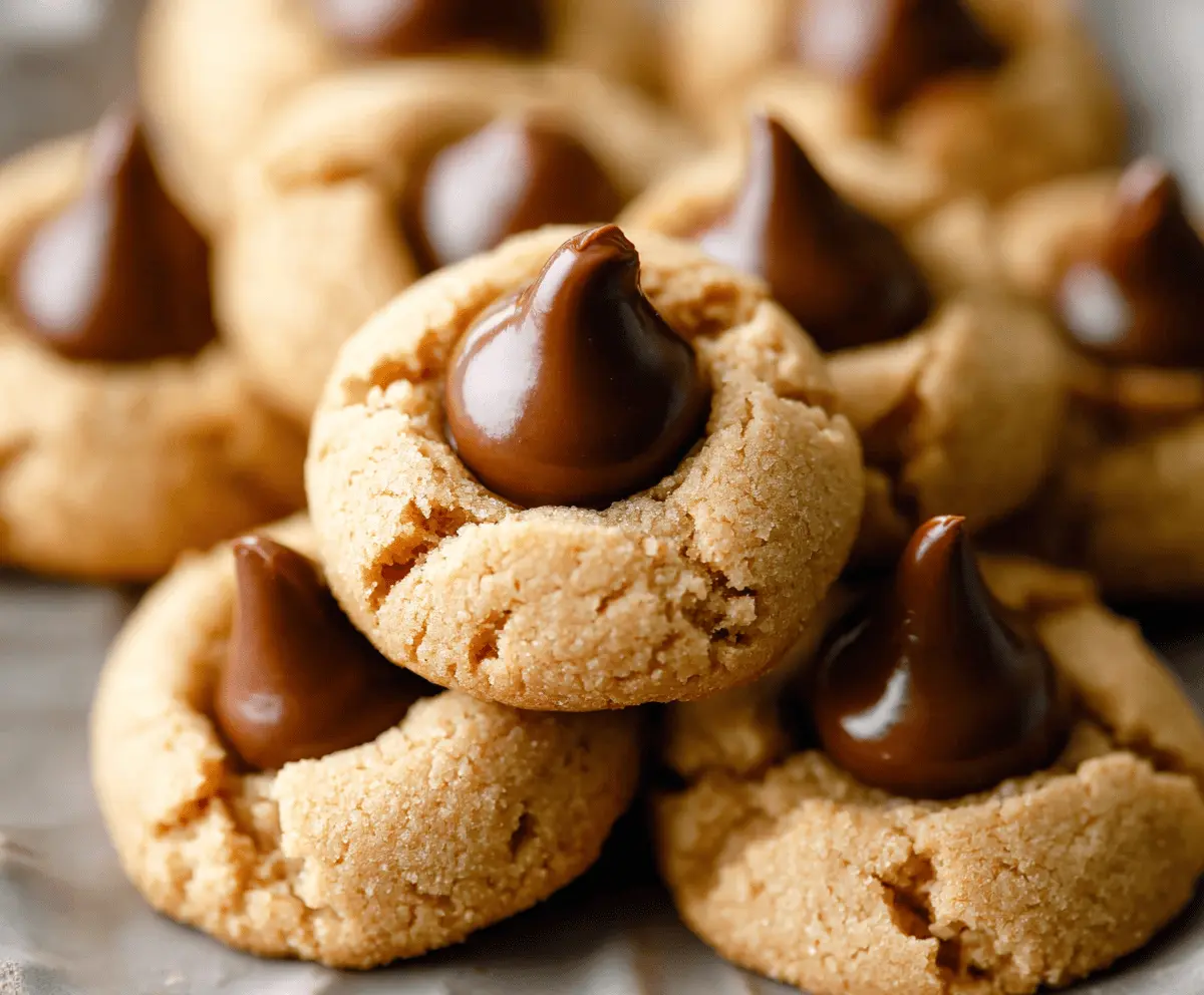Delicious Peanut Butter Blossoms cookies topped with chocolate kisses on a plate.