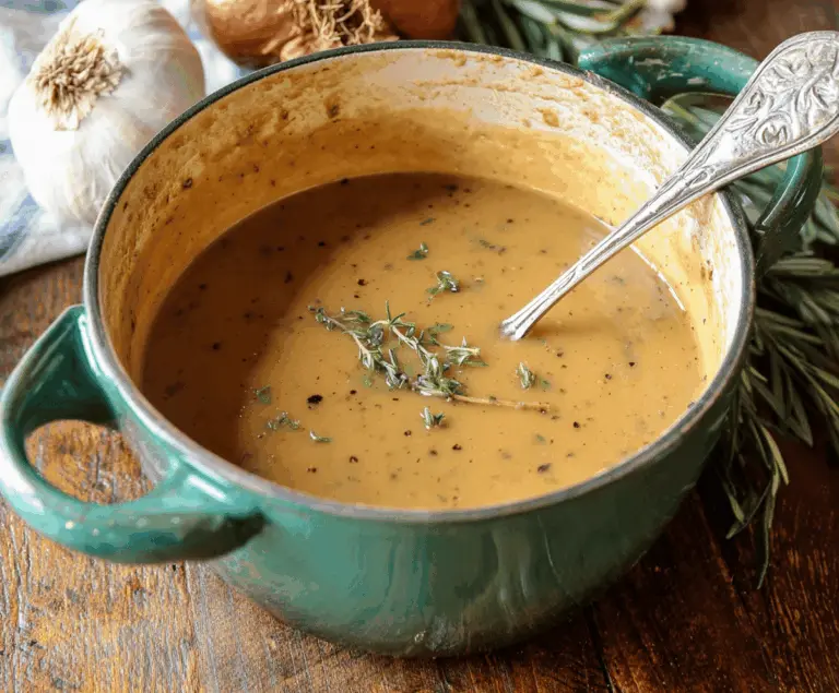 Golden brown turkey gravy served in a gravy boat with fresh herbs for a perfect Thanksgiving meal.