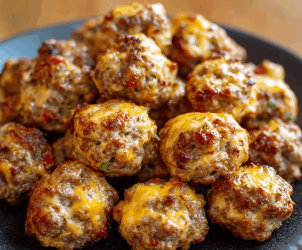 Delicious Pioneer Woman Rotel cream cheese sausage balls on a serving plate, perfect for snacks and parties.