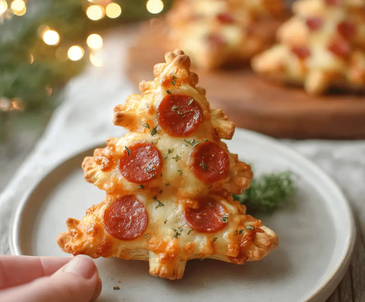 Delicious puff pastry Christmas tree-shaped pizza bites garnished with colorful toppings for holiday festivities.