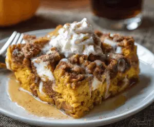 Delicious Pumpkin Spice French Toast Casserole topped with whipped cream and fresh fruit.
