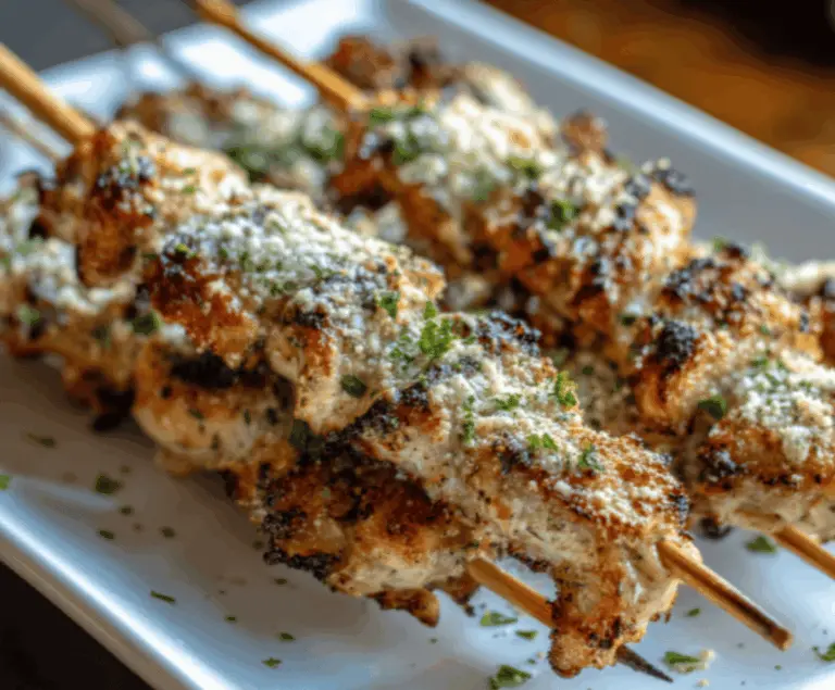 Delicious Ranch Garlic Parmesan Chicken Skewers on a serving platter with fresh herbs.