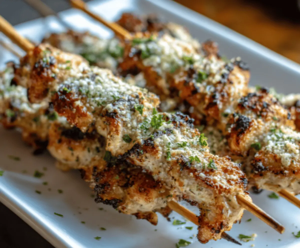 Delicious Ranch Garlic Parmesan Chicken Skewers on a serving platter with fresh herbs.