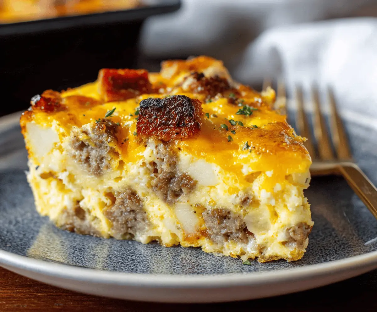 Delicious sausage and egg casserole ready to serve for breakfast or brunch.