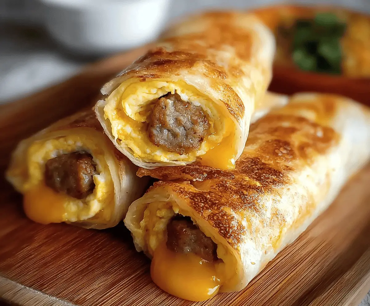 Sausage Egg Breakfast Roll-Ups with crispy edges on a plate, perfect for a hearty breakfast.