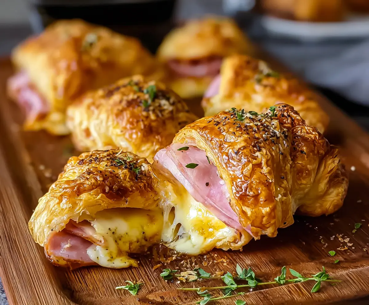 Golden-brown ham and cheese croissants on a plate, perfect for breakfast or brunch.