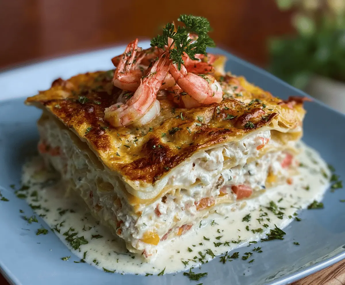 Delicious shrimp and crab lasagna with layered pasta, seafood, and melted cheese on a serving plate.