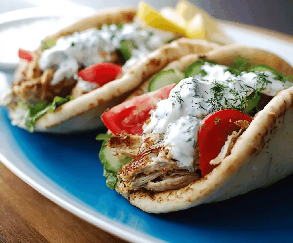 Delicious slow cooker chicken gyros served with fresh vegetables and pita bread.