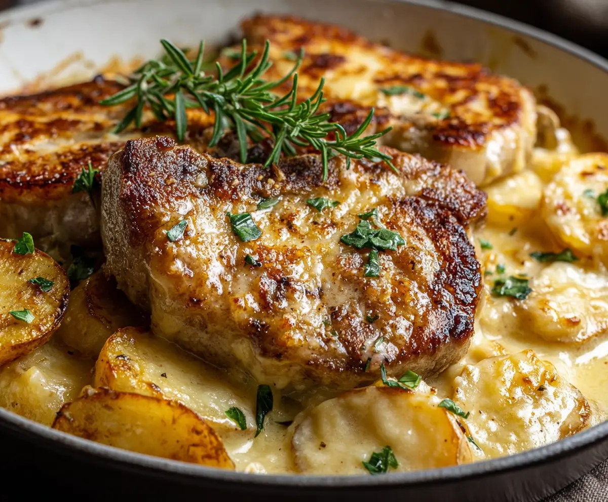 Delicious smothered pork chop served with creamy scalloped potato casserole, perfect for a hearty dinner.
