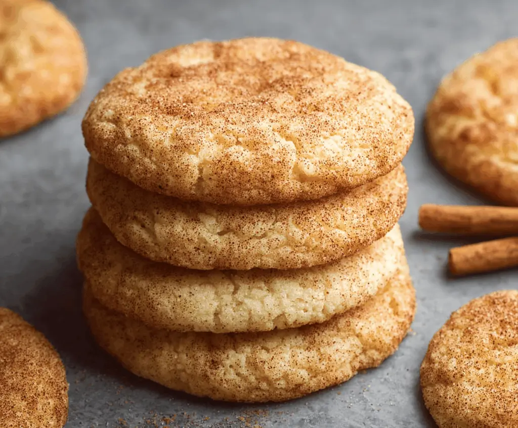 Delicious homemade snickerdoodle cookies with cinnamon sugar coating on a baking sheet.