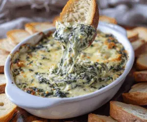 Creamy spinach and artichoke dip served with crispy bread slices, perfect for appetizers and parties.
