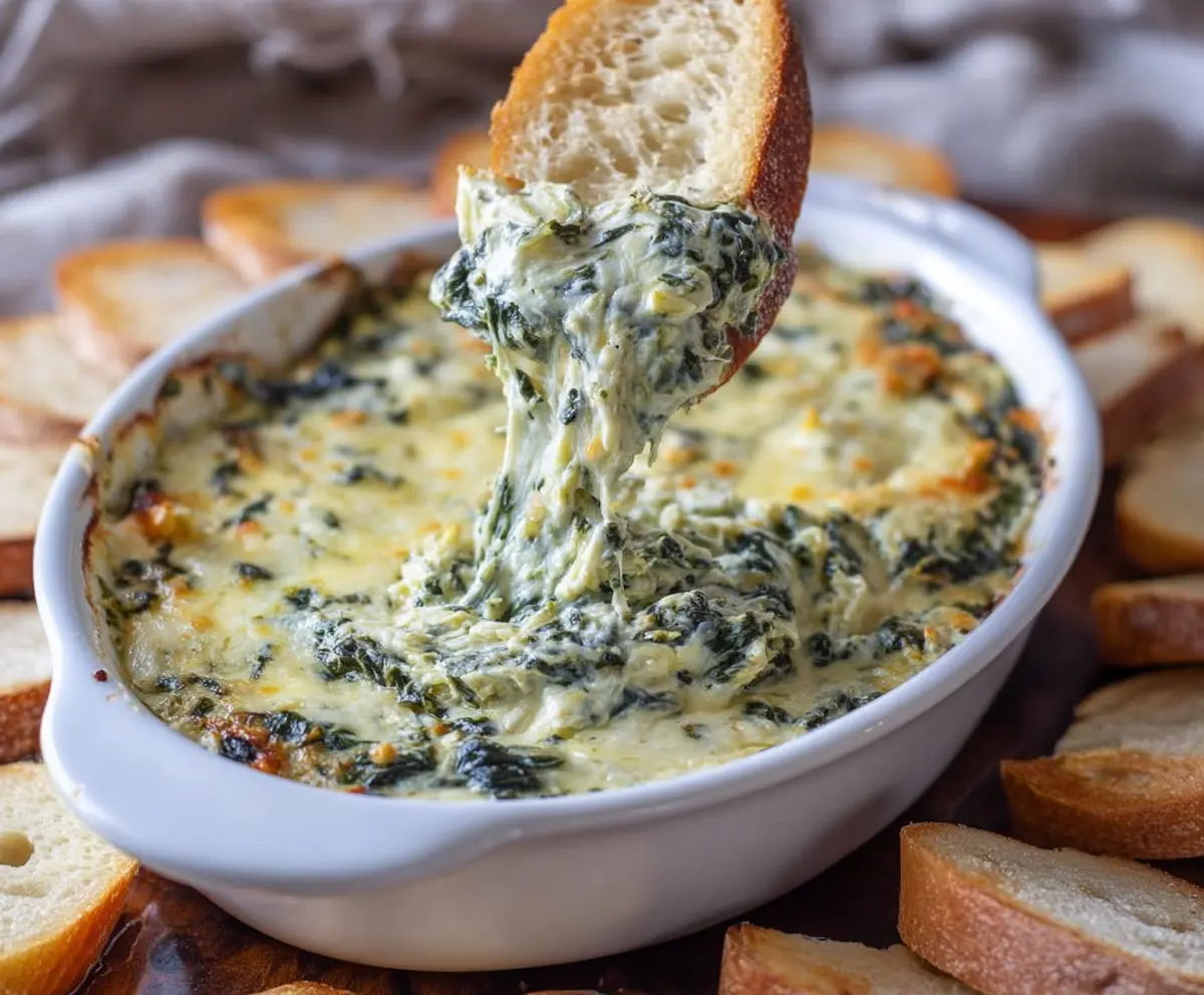 Creamy spinach and artichoke dip served with crispy bread slices, perfect for appetizers and parties.
