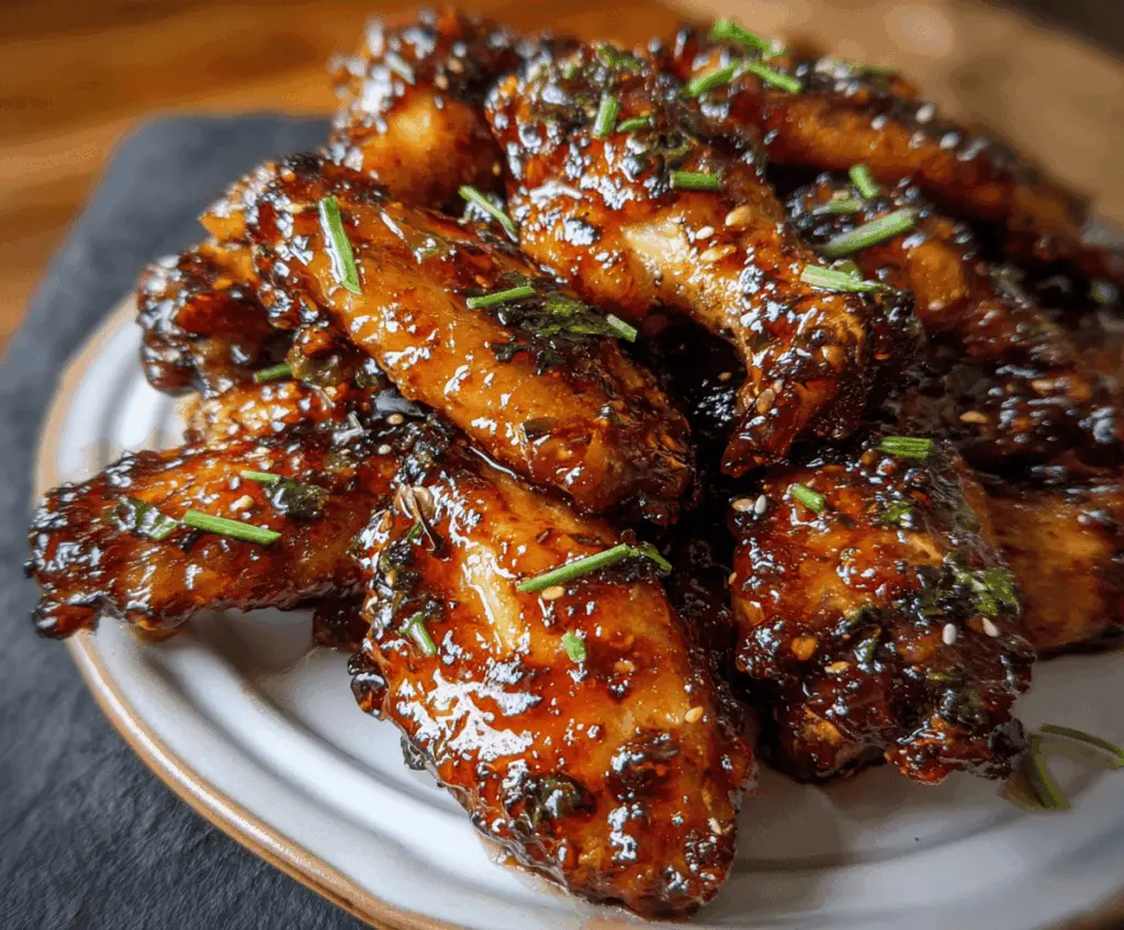 Delicious sticky pineapple-teriyaki chicken wings garnished with sesame seeds and green onions.