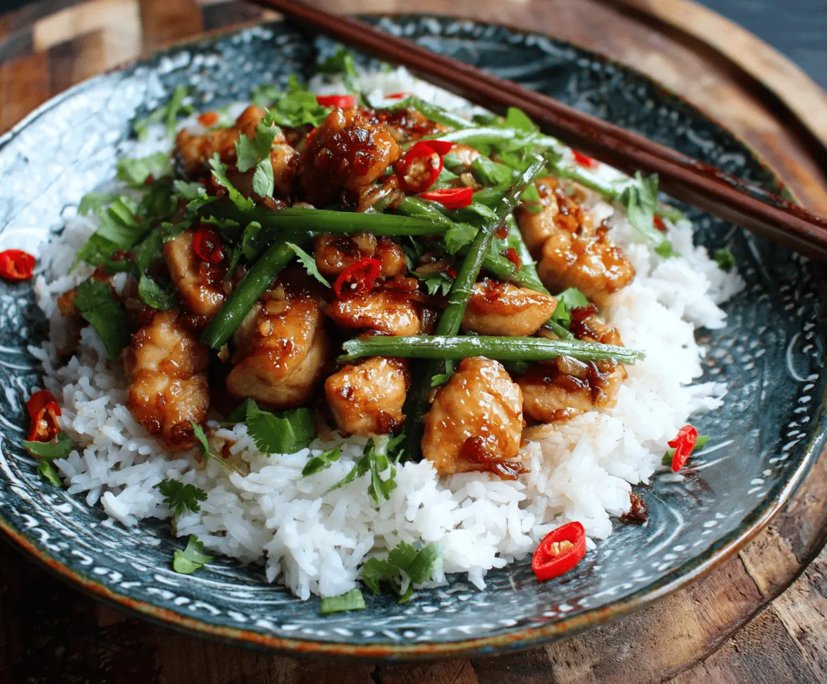 Delicious stir-fried Chinese garlic chicken garnished with green onions on a plate.