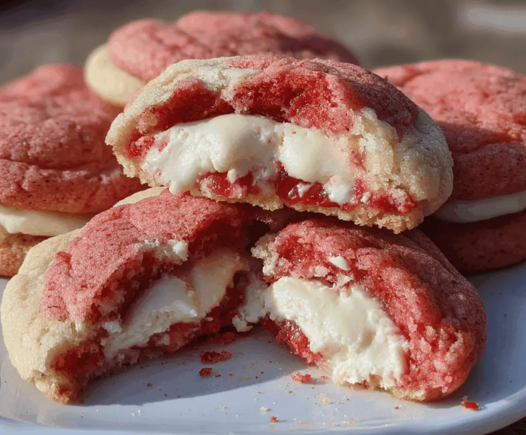 Delicious strawberry cheesecake stuffed cookies with creamy filling and fresh strawberries on top.